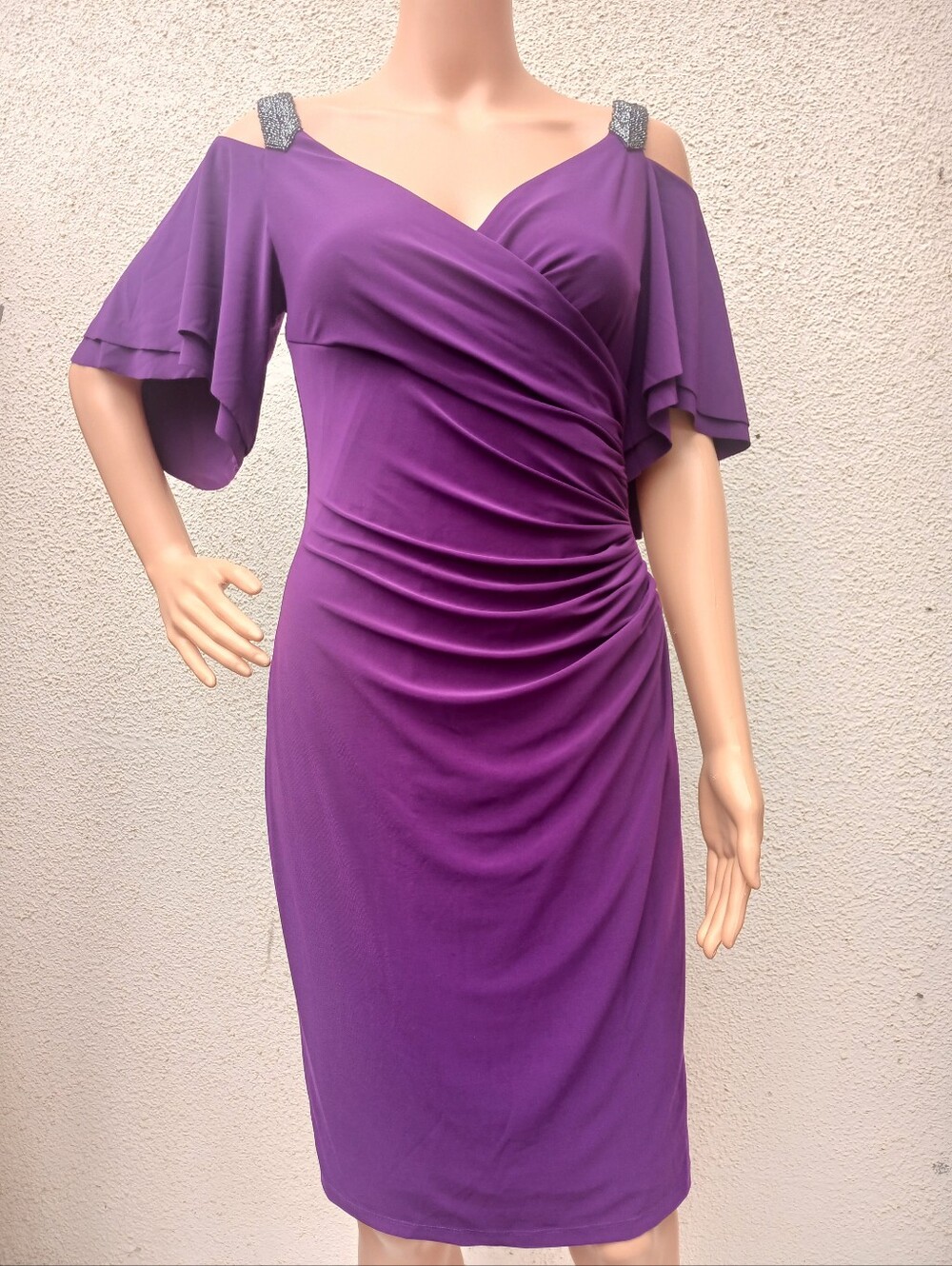 Lauren Ralph Lauren Purple Ruched Sheath Dress Beaded Shoulders Flutter Sleeves